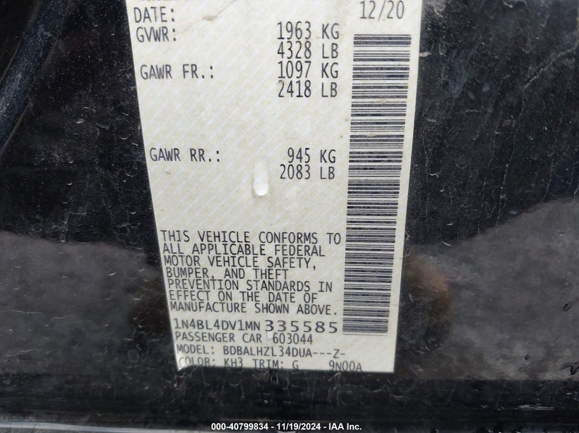 2021 NISSAN ALTIMA VIN: 1N4BL4DV1MN335585