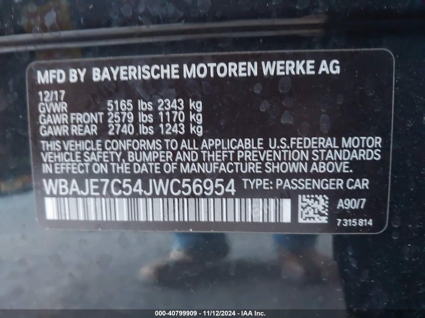 2018 BMW 540I XDRIVE VIN: WBAJE7C54JWC56954