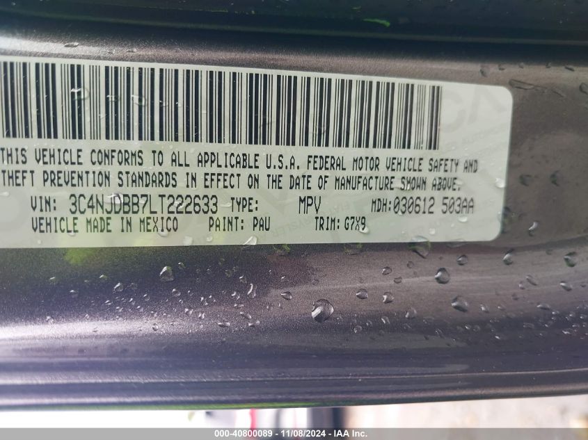 2020 Jeep Compass Sun And Safety 4X4 VIN: 3C4NJDBB7LT222633 Lot: 40800089