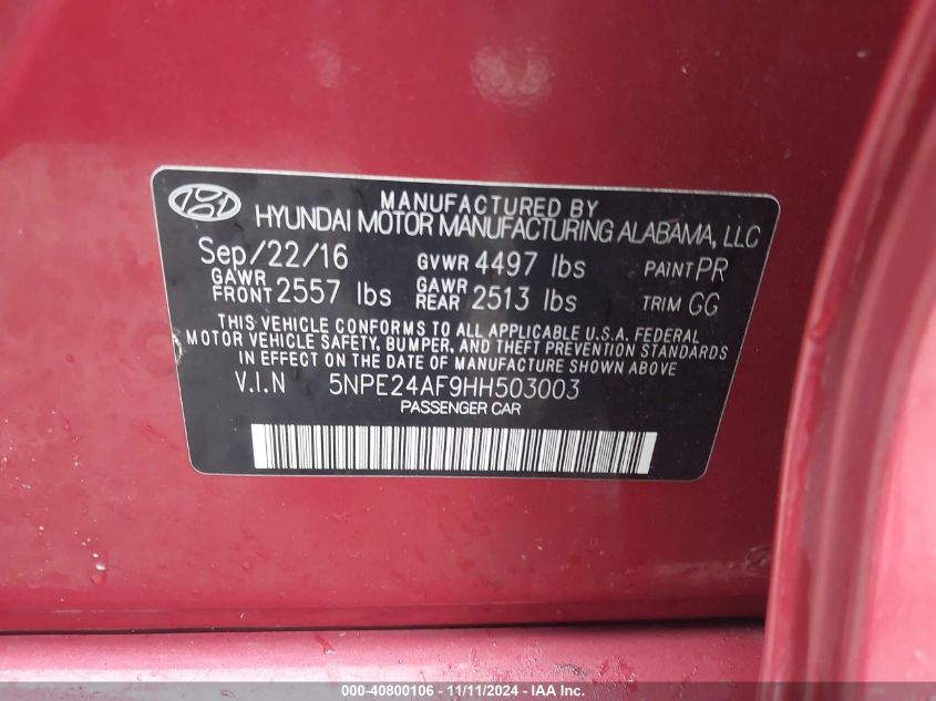 2017 HYUNDAI SONATA SE - 5NPE24AF9HH503003