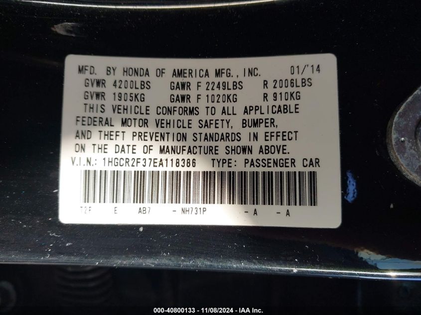 VIN 1HGCR2F37EA118386 2014 Honda Accord, LX no.9