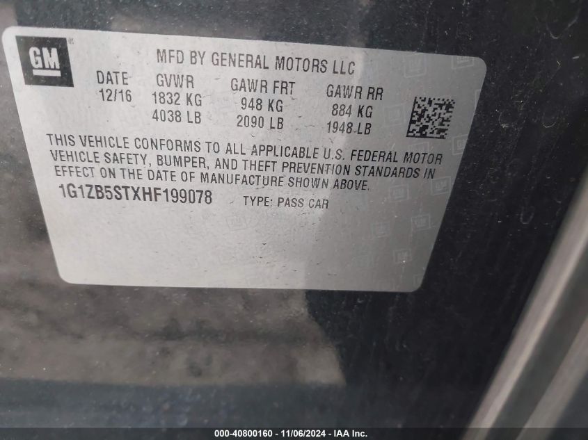 2017 CHEVROLET MALIBU VIN: 1G1ZB5STXHF199078