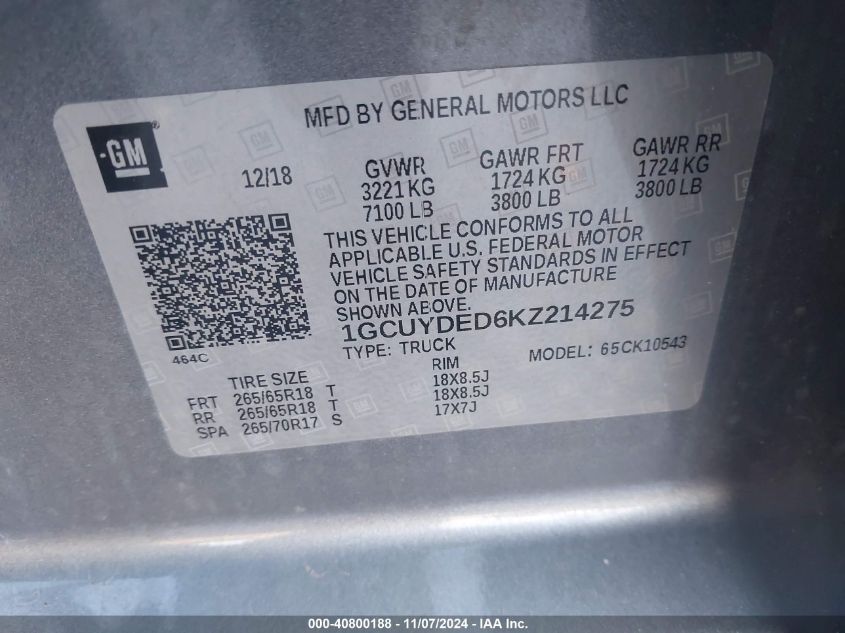 2019 CHEVROLET SILVERADO 1500 LT - 1GCUYDED6KZ214275