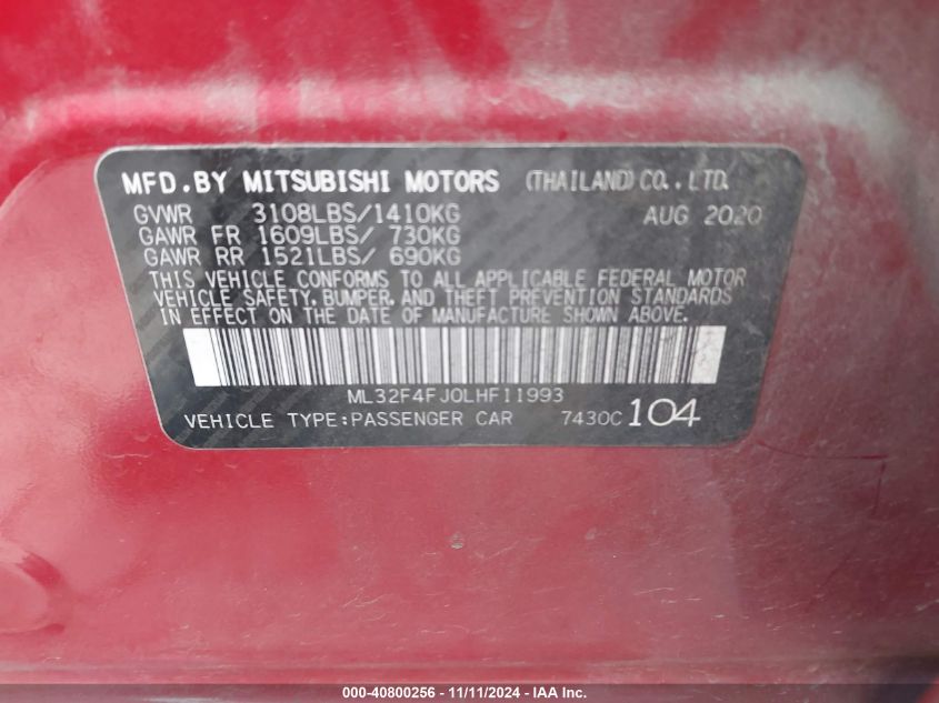 2020 Mitsubishi Mirage G4 Se/G4 Le VIN: ML32F4FJ0LHF11993 Lot: 40800256