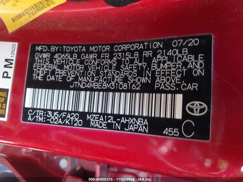 VIN JTND4MBE8M3108162 2021 TOYOTA COROLLA SE