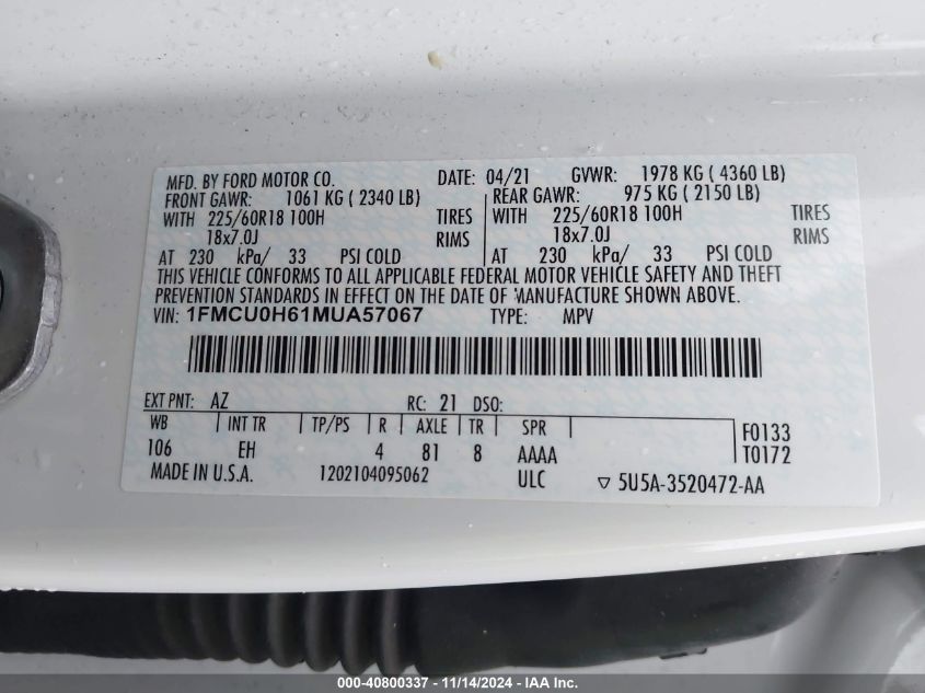 2021 Ford Escape Sel VIN: 1FMCU0H61MUA57067 Lot: 40800337