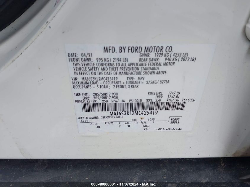 2021 Ford Ecosport Titanium VIN: MAJ6S3KL2MC425419 Lot: 40800381