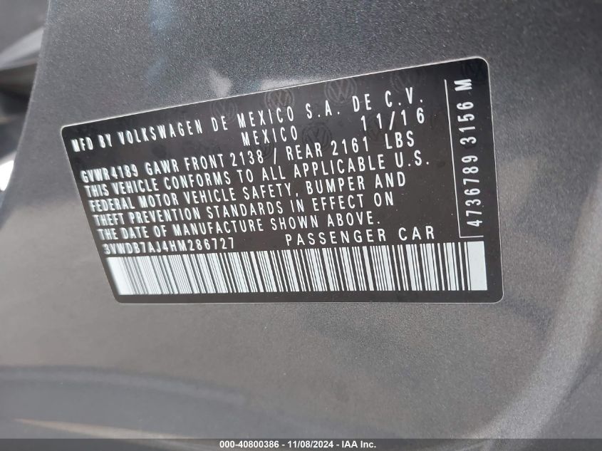 VIN 3VWDB7AJ4HM286727 2017 VOLKSWAGEN JETTA 1.4T SE