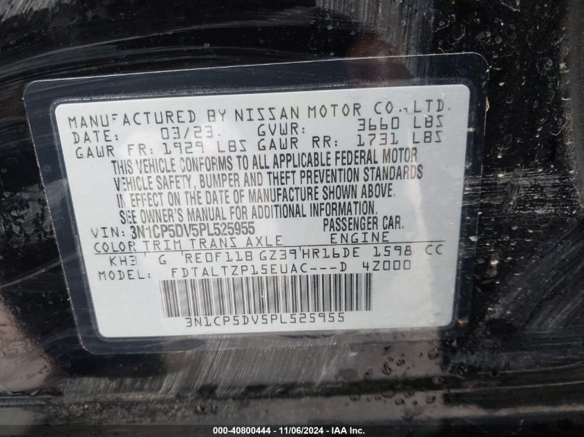 2023 Nissan Kicks Sr Xtronic Cvt VIN: 3N1CP5DV5PL525955 Lot: 40800444