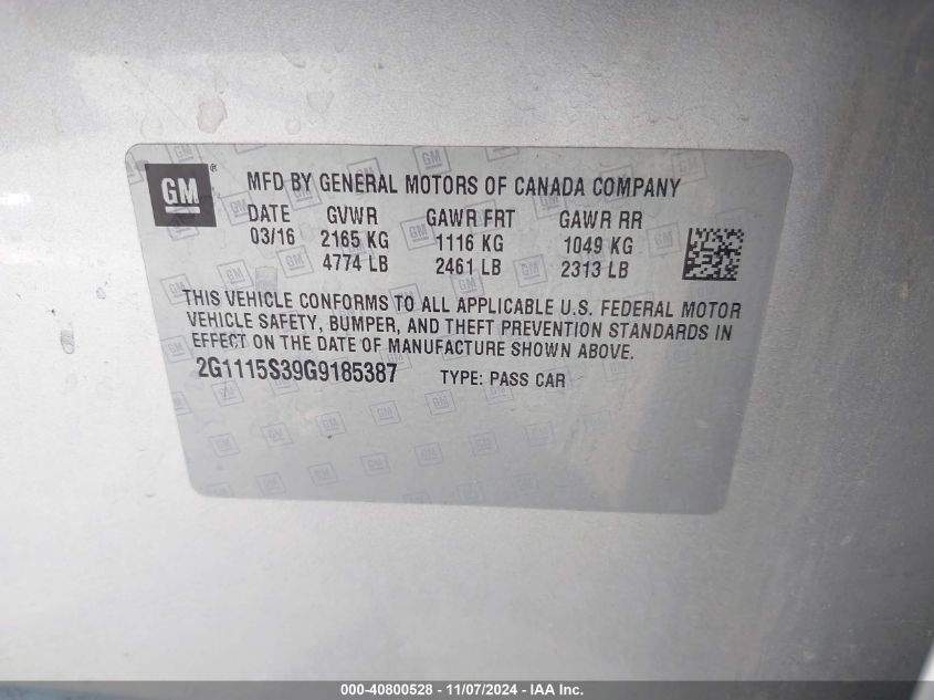 2016 CHEVROLET IMPALA VIN: 2G1115S39G9185387