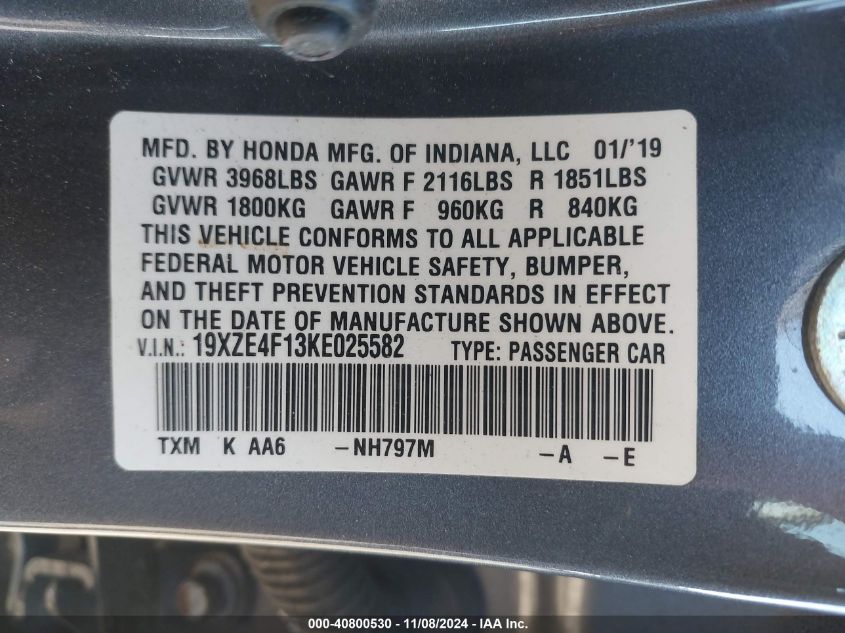 2019 Honda Insight Lx VIN: 19XZE4F13KE025582 Lot: 40800530