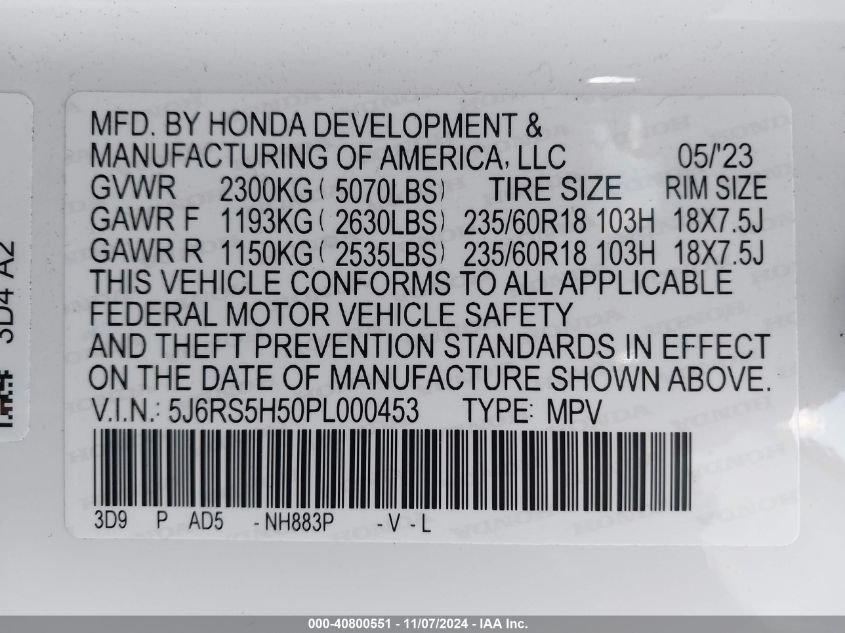 2023 Honda Cr-V Hybrid Sport VIN: 5J6RS5H50PL000453 Lot: 40800551