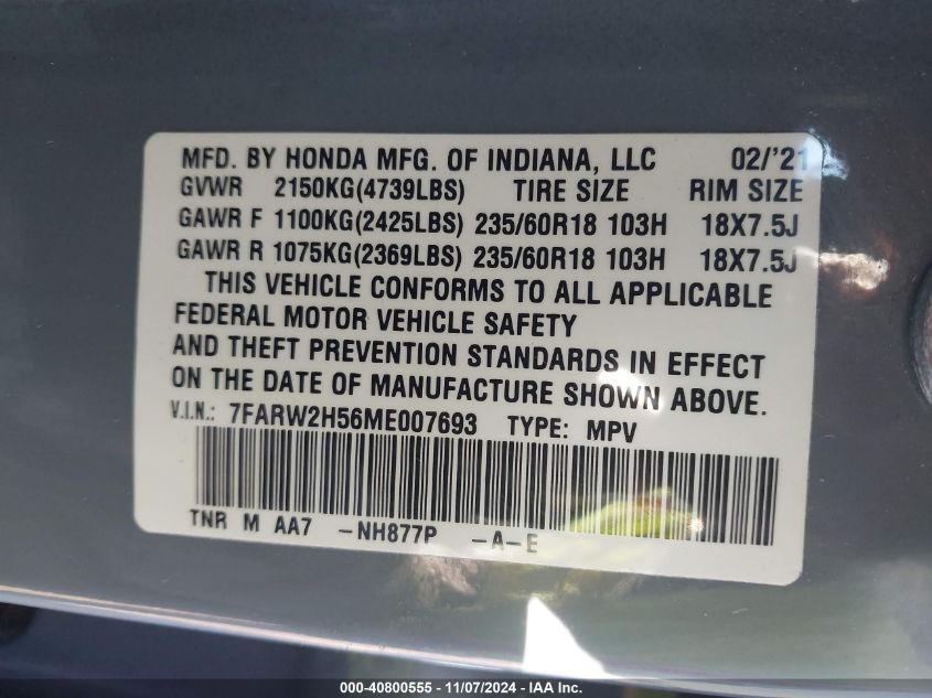 2021 Honda Cr-V Awd Ex VIN: 7FARW2H56ME007693 Lot: 40800555