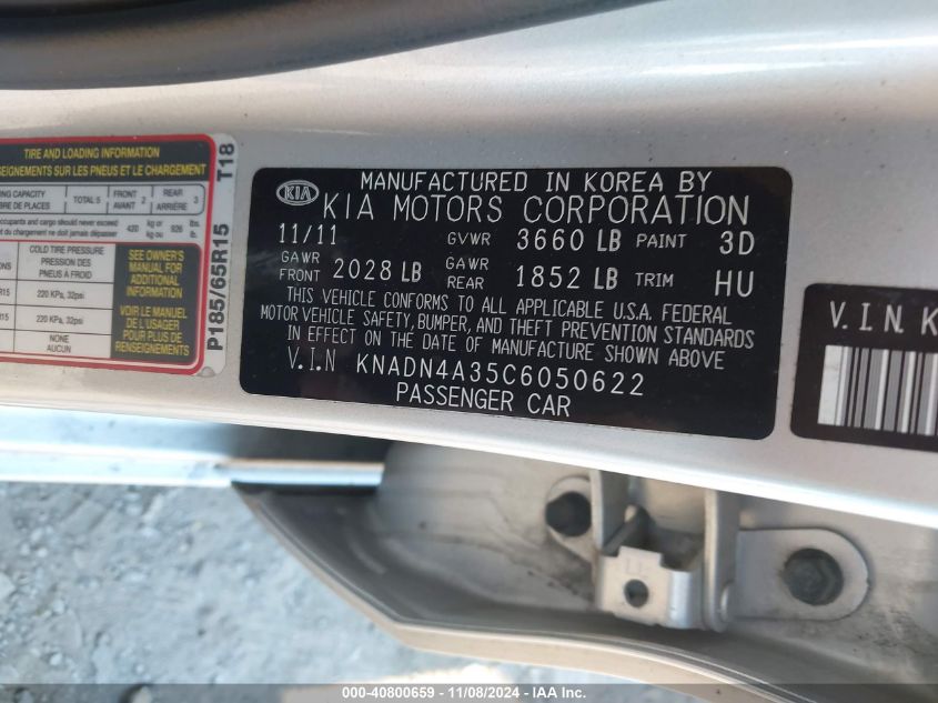 2012 Kia Rio Ex VIN: KNADN4A35C6050622 Lot: 40800659