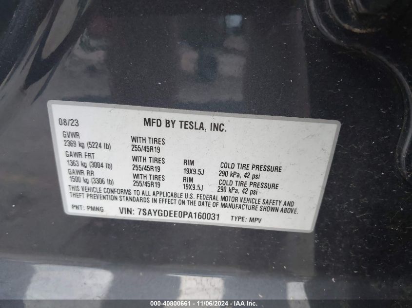 2023 Tesla Model Y Awd/Long Range Dual Motor All-Wheel Drive VIN: 7SAYGDEE0PA160031 Lot: 40800661