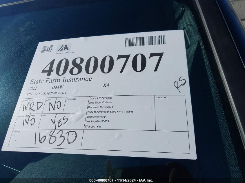 VIN 5UX33DT07N9L78311 2022 BMW X4 XDRIVE30I