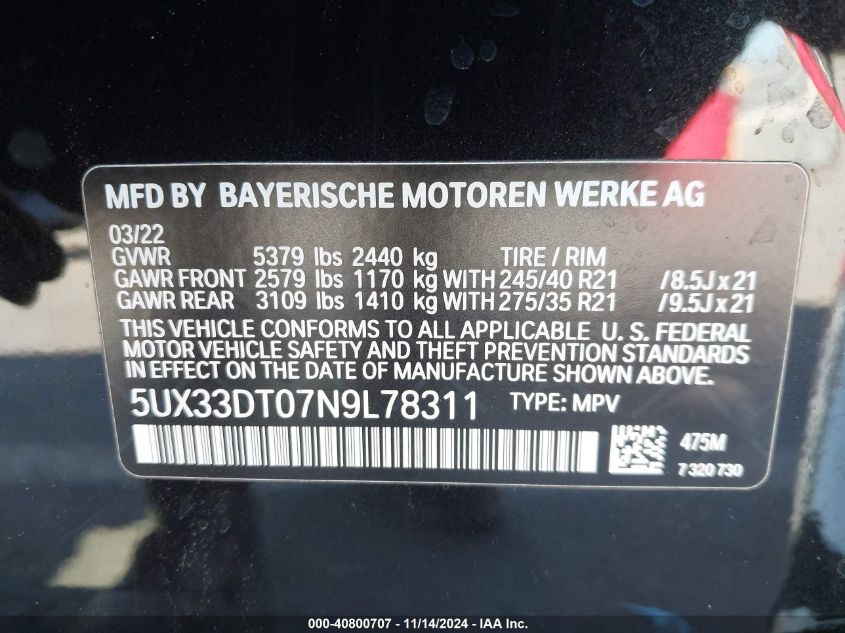 2022 BMW X4 xDrive30I VIN: 5UX33DT07N9L78311 Lot: 40800707