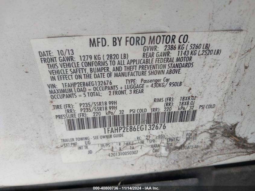 2014 Ford Taurus Sel VIN: 1FAHP2E86EG132676 Lot: 40800736