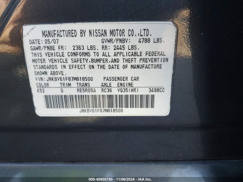 2007 Infiniti G35X VIN: JNKBV61F87M818500 Lot: 40800750