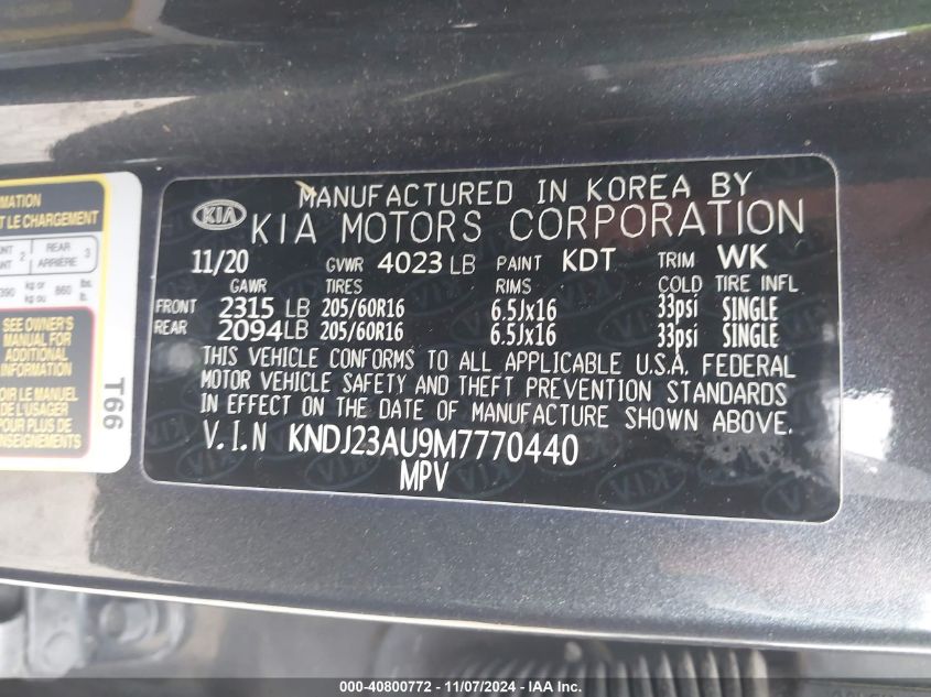 VIN KNDJ23AU9M7770440 2021 KIA Soul, S no.9