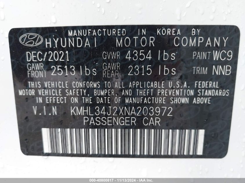 VIN KMHL34J2XNA203972 2022 Hyundai Sonata, Limited no.9