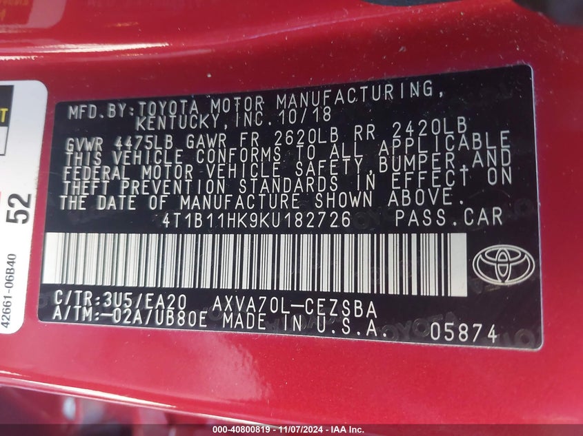 2019 TOYOTA CAMRY SE - 4T1B11HK9KU182726