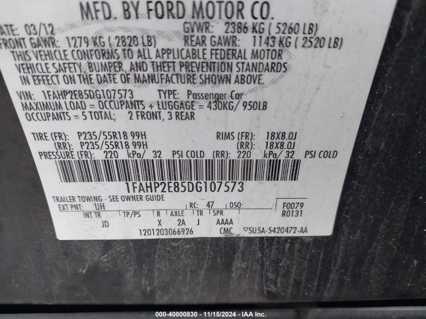 VIN 1FAHP2E85DG107573 2013 FORD TAURUS no.9