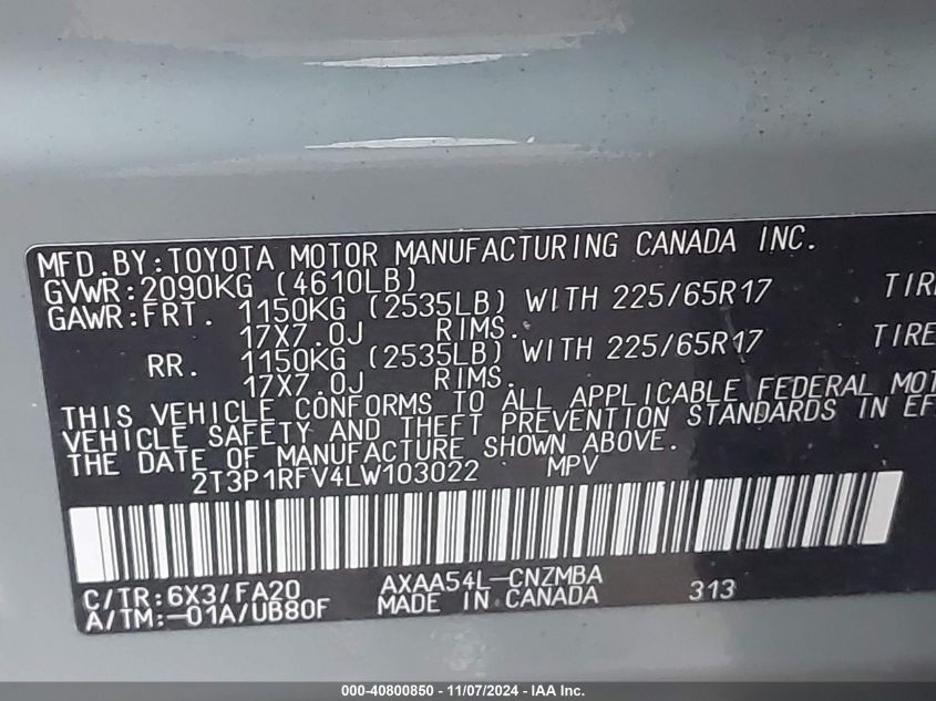 2020 TOYOTA RAV4 XLE - 2T3P1RFV4LW103022