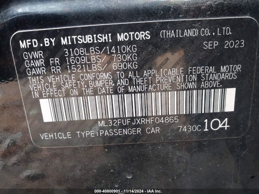 2024 Mitsubishi Mirage G4 Es VIN: ML32FUFJXRHF04865 Lot: 40800901