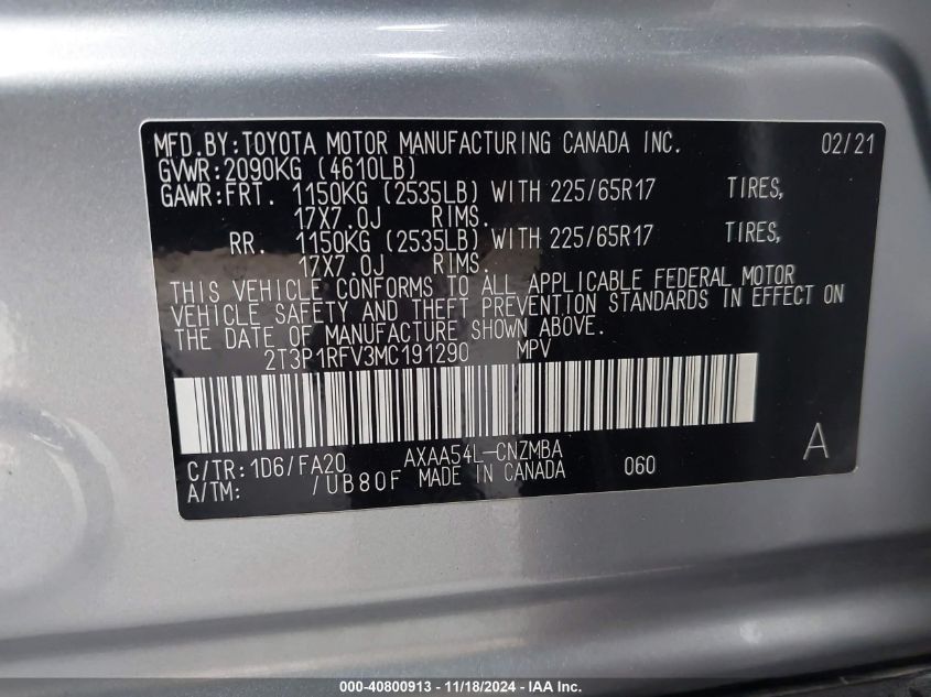 2021 Toyota Rav4 Xle/Xle Premium VIN: 2T3P1RFV3MC191290 Lot: 40800913