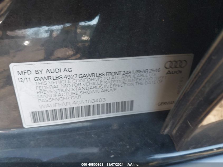 2012 Audi A4 2.0T Premium VIN: WAUFFAFL4CA103403 Lot: 40800923