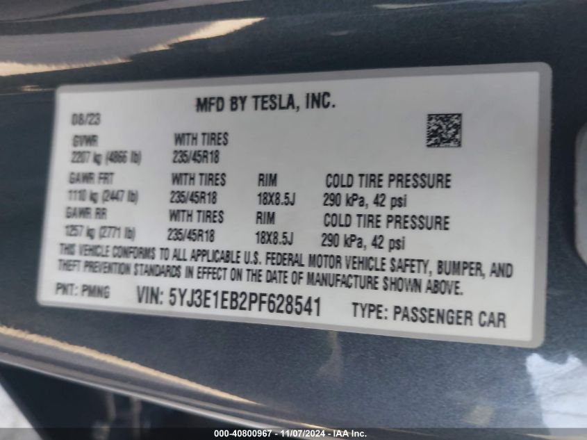 2023 Tesla Model 3 Long Range Dual Motor All-Wheel Drive VIN: 5YJ3E1EB2PF628541 Lot: 40800967