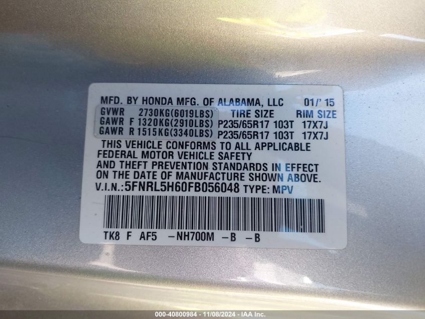 VIN 5FNRL5H60FB056048 2015 HONDA ODYSSEY no.9