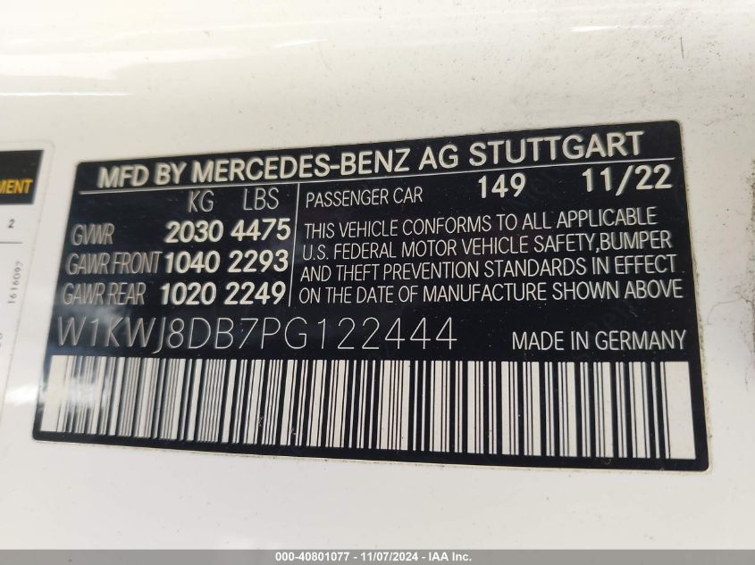 2023 Mercedes-Benz C 300 Coupe VIN: W1KWJ8DB7PG122444 Lot: 40801077