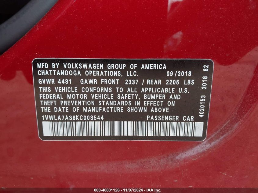 2019 VOLKSWAGEN PASSAT 2.0T WOLFSBURG EDITION - 1VWLA7A36KC003544