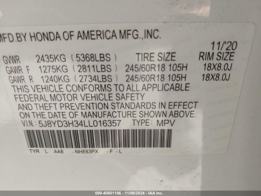 2020 Acura Mdx Standard VIN: 5J8YD3H34LL016357 Lot: 40801186