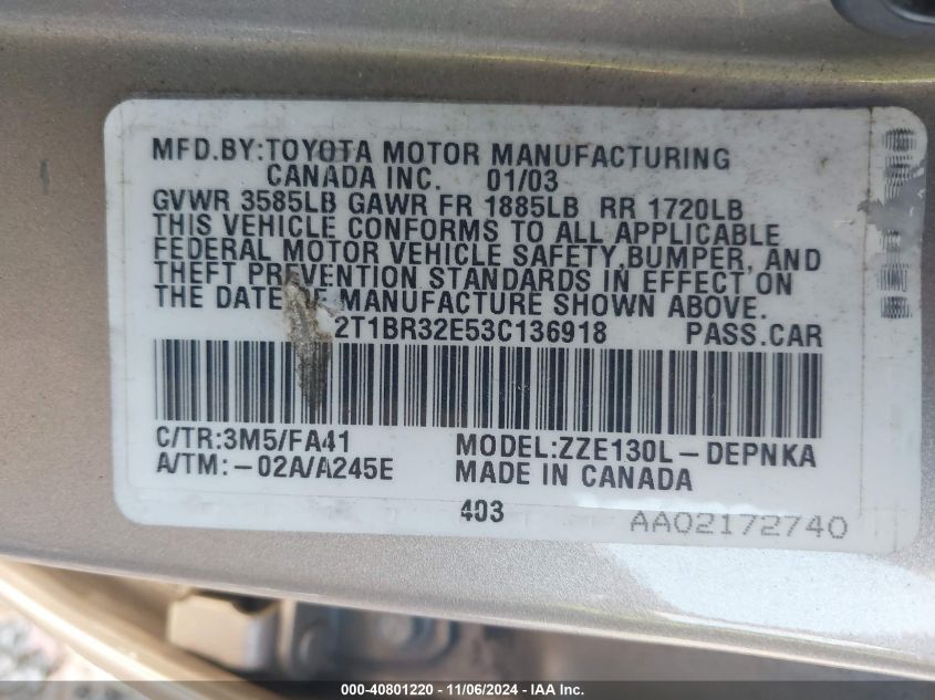 2003 Toyota Corolla Le VIN: 2T1BR32E53C136918 Lot: 40801220