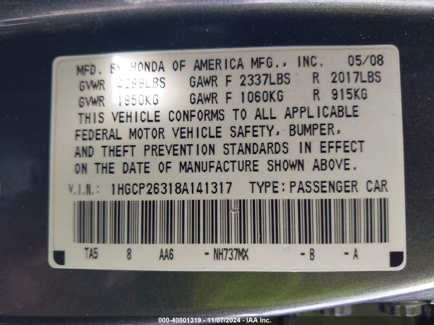 2008 Honda Accord 2.4 Lx VIN: 1HGCP26318A141317 Lot: 40801319