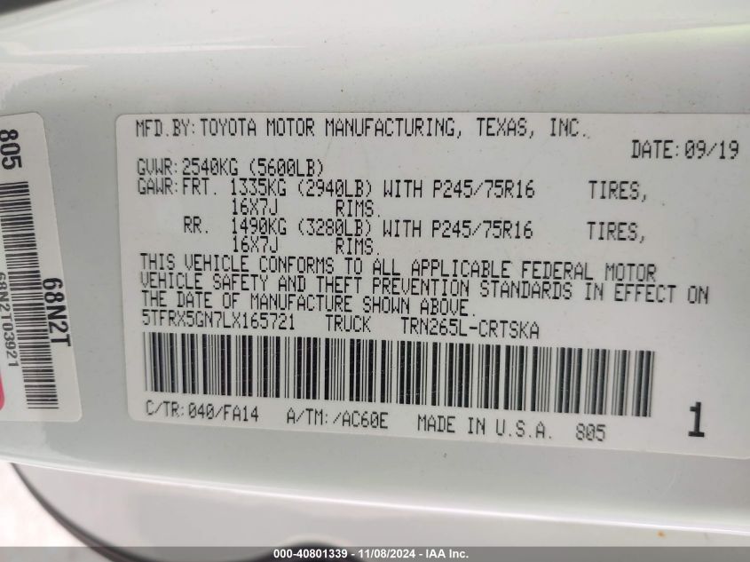 2020 Toyota Tacoma Sr VIN: 5TFRX5GN7LX165721 Lot: 40801339