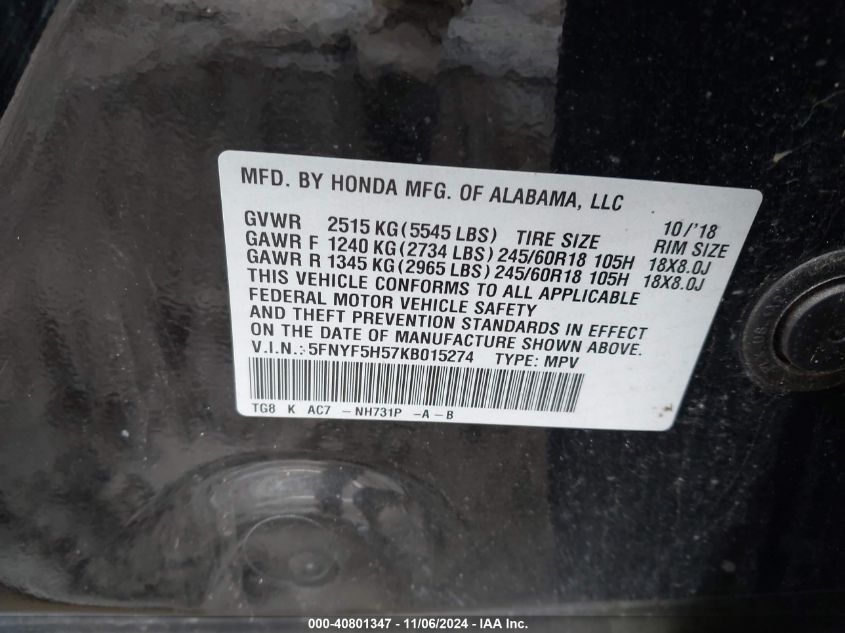 VIN 5FNYF5H57KB015274 2019 Honda Pilot, Ex-L no.9