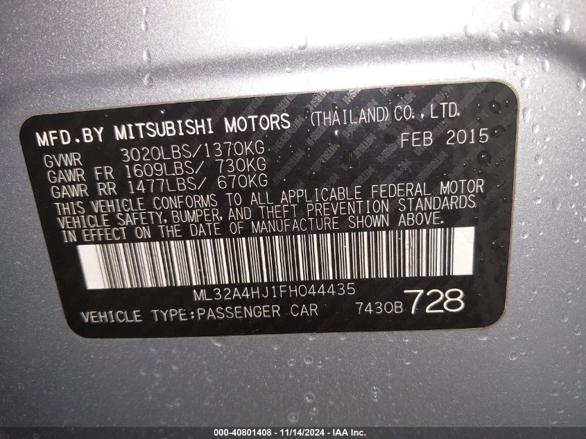 2015 Mitsubishi Mirage Es VIN: ML32A4HJ1FH044435 Lot: 40801408