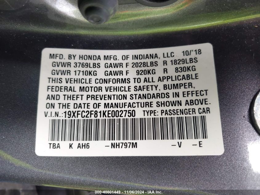 VIN 19XFC2F81KE002750 2019 Honda Civic, Sport no.9