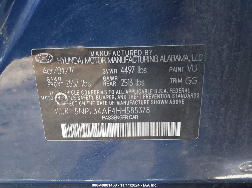 VIN 5NPE34AF4HH585378 2017 HYUNDAI SONATA SPORT