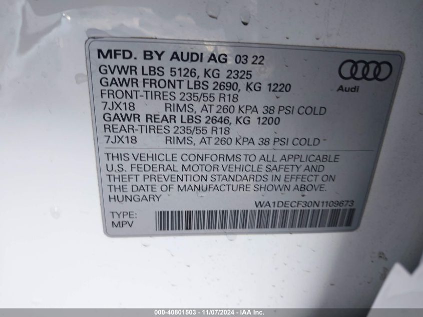 2022 Audi Q3 Premium 45 Tfsi S Line Quattro Tiptronic VIN: WA1DECF30N1109673 Lot: 40801503