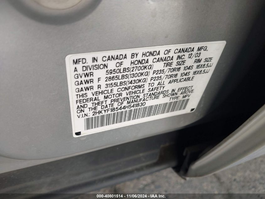 2004 Honda Pilot Ex-L VIN: 2HKYF18544H541830 Lot: 40801514