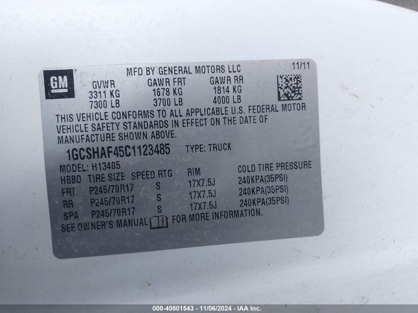 2012 Chevrolet Express 1500 Work Van VIN: 1GCSHAF45C1123485 Lot: 40801543