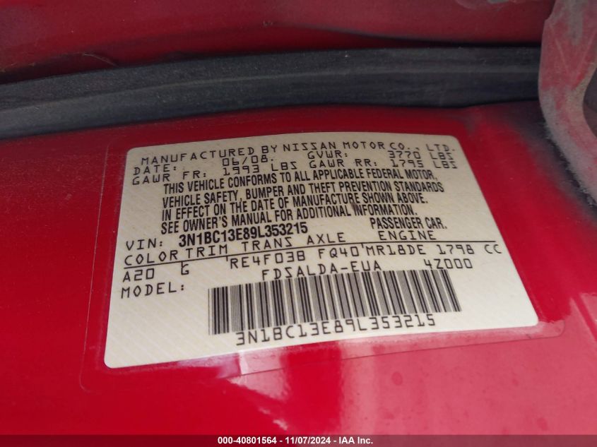 2009 NISSAN VERSA VIN: 3N1BC13E89L353215