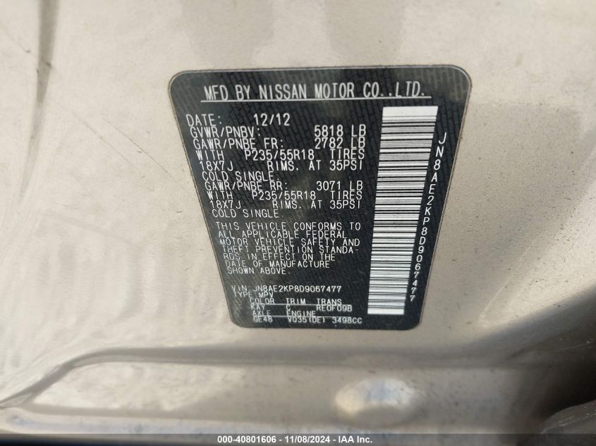 2013 Nissan Quest Sl VIN: JN8AE2KP8D9067477 Lot: 40801606