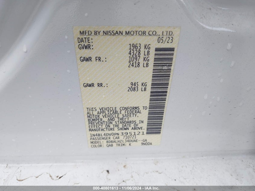 2023 NISSAN ALTIMA VIN: 1N4BL4DV0PN395121