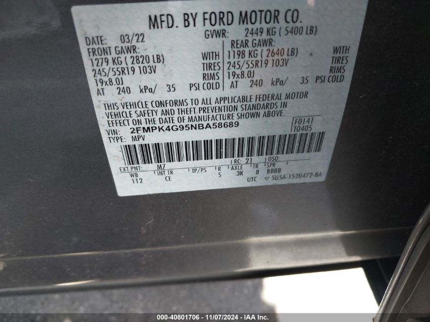 VIN 2FMPK4G95NBA58689 2022 FORD EDGE no.9